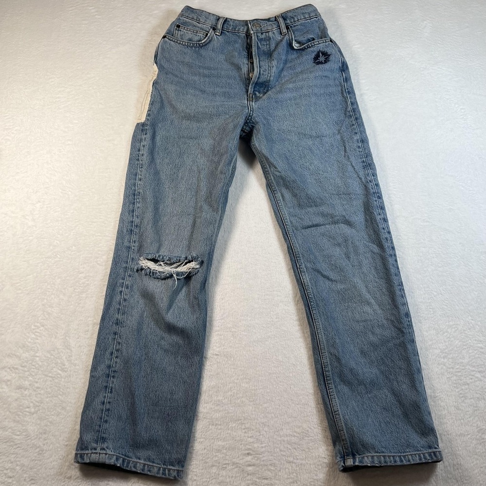 Reformation High Rise Straight Jeans Womens 26 Blue Distressed Embroidered‎